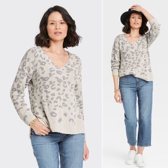 NWOT Knox Rose Leopard Textured V-Neck Pullover High-Low Hem Sweater - Picture 5 of 13